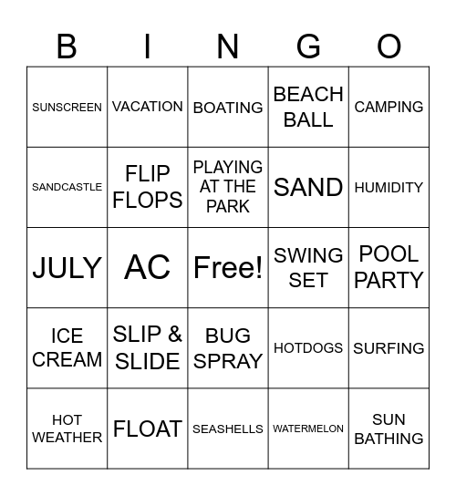 SUMMERTIME FUN Bingo Card