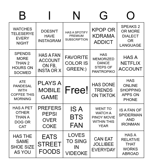 GETTING TO KNOW YOU Bingo Card