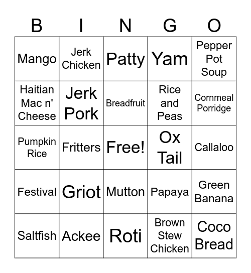 Carribean Food Bingo Card