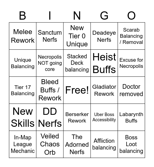 PoE 3.25 Bingo Card