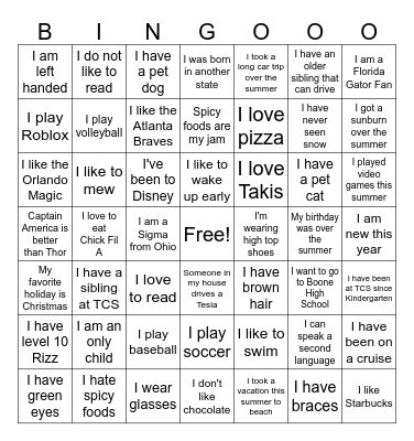 Get To Know Me Bingo Card