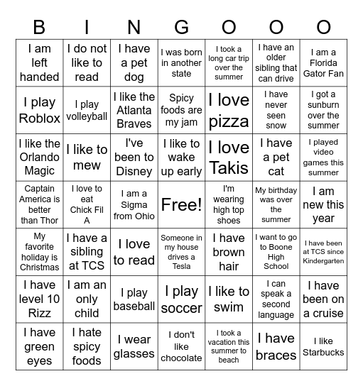 Get To Know Me Bingo Card