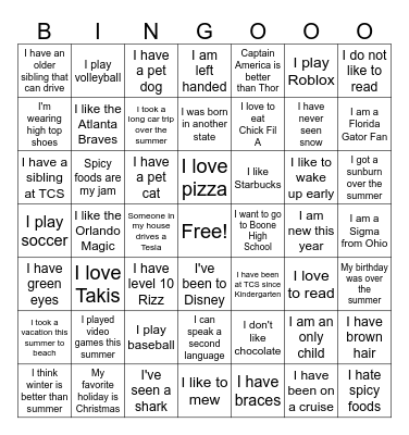 Get To Know Me Bingo Card