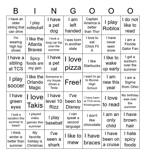 Get To Know Me Bingo Card