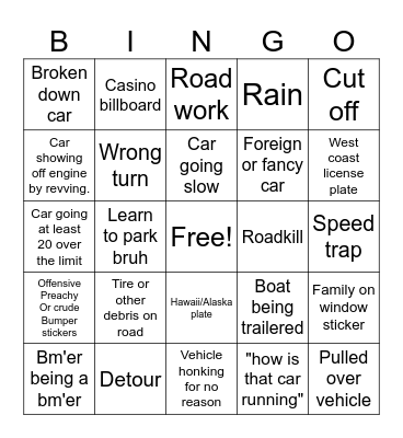 Road trip bingo Card