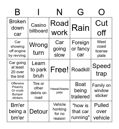 Road trip bingo Card