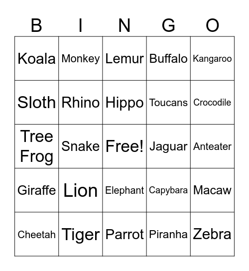 Welcome to the Jungle Bingo Card