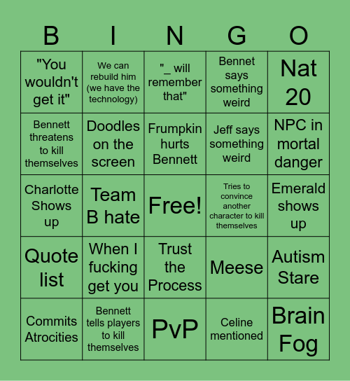 Team A Wilderness Bingo Card