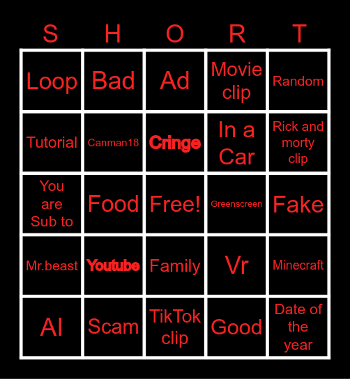 Youtube Bingo Card