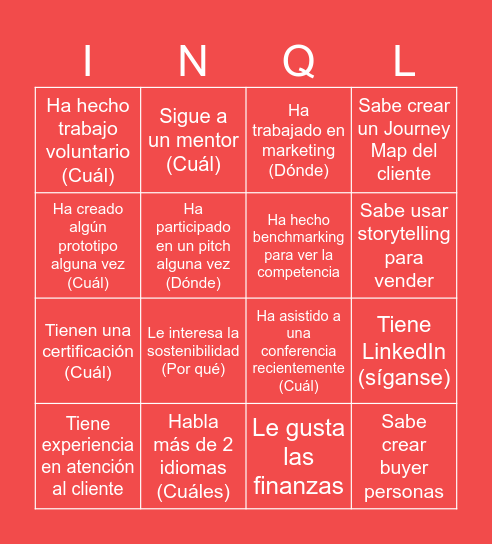 InqubaLab Networking Bingo Card