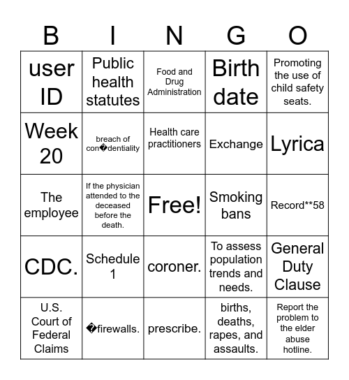 Week 4 Exam Bingo Card