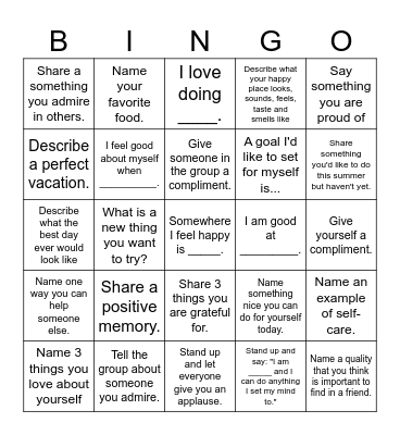 Self-Esteem Bingo Card