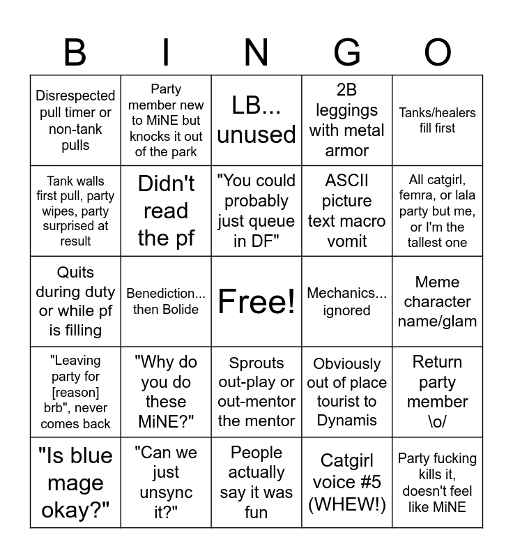 Svafa's FF14 MiNE PF Bingo Card Bingo Card