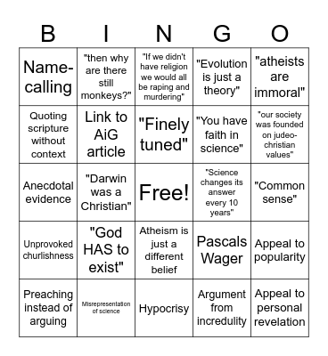 Shitty Theist Bingo Card