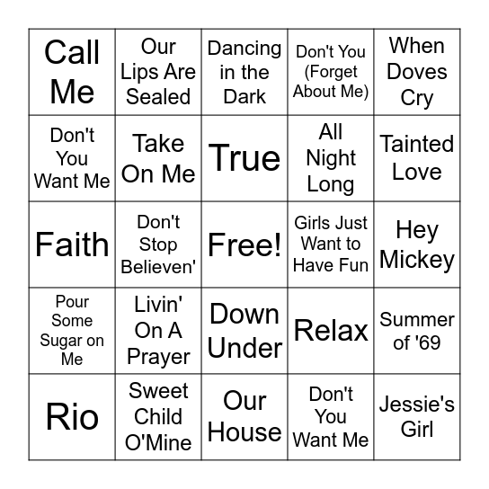 1980's Music Bingo #1 Bingo Card