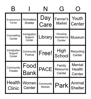 Community Resources Bingo Card