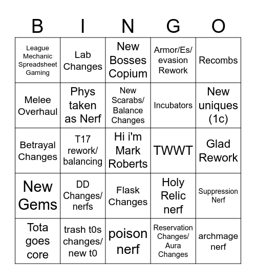 PoE Stream Bingo Card