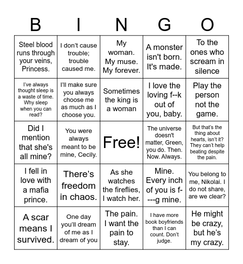 Rina kent quotes Bingo Card