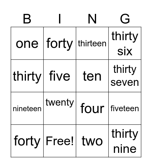 Numbers to 40 Bingo Card