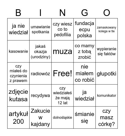 ECPU BINGO (łowcy pedofili) Bingo Card