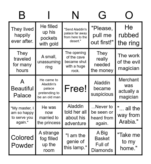 Aladdin & The Magic Lamp Bingo Card