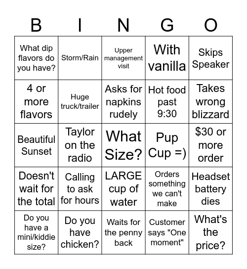 Dairy Queen BINGO Card