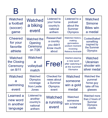 Summer Olympic Games Bingo Card