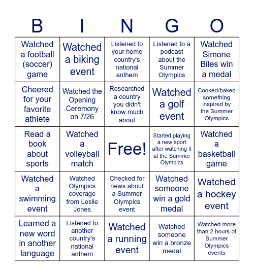 Summer Olympic Games Bingo Card