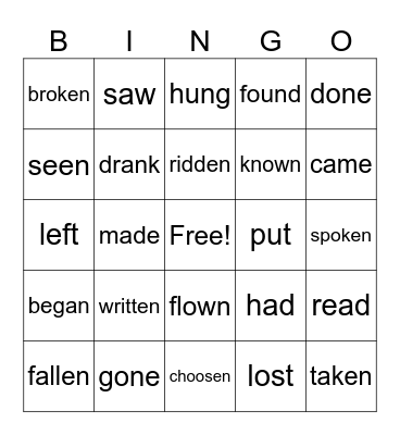 verbs Bingo Card