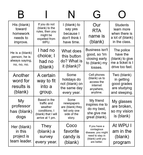 Vocabulary Words from Crossword (p. 8 & 23) Bingo Card