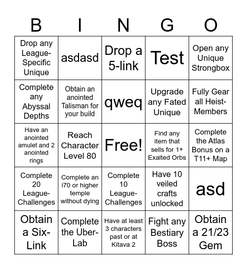 Path Of Exile Bingo Card