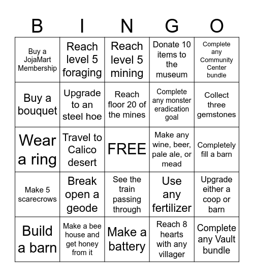 Stardew Valley Challenge Bingo Card