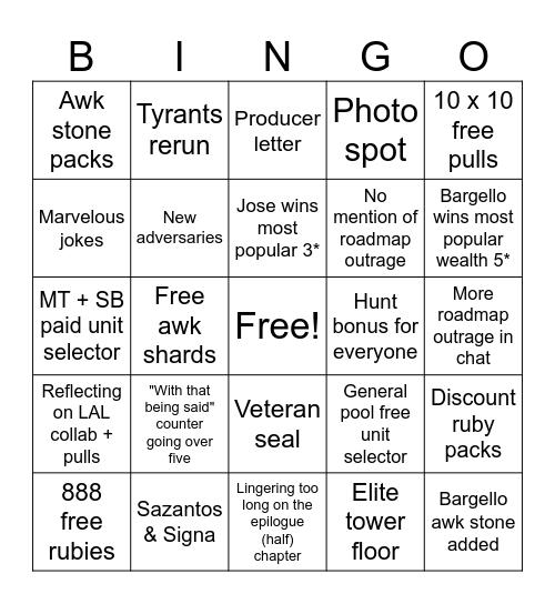 CotC Second Anniversary Bingo Card