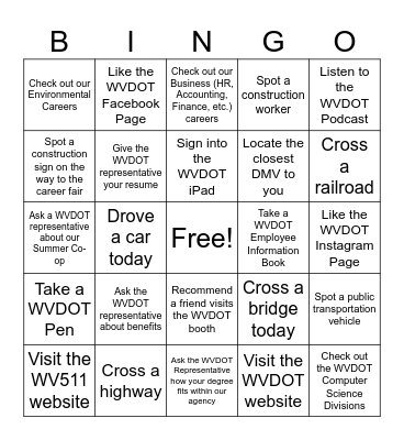 West Virginia Department of Transportation Bingo Card