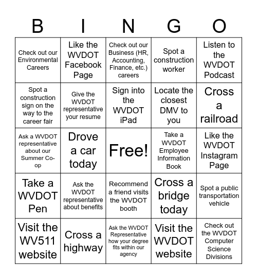 West Virginia Department of Transportation Bingo Card