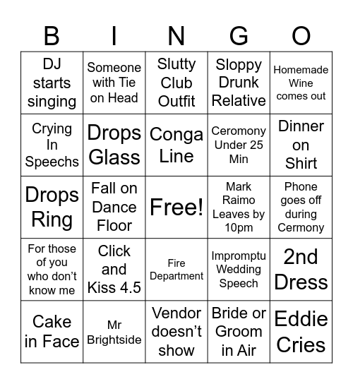 Wedding Bingo Card