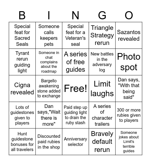 2nd anniversary Bingo Card