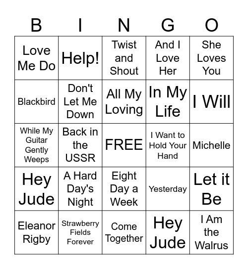 Beatles Musical Bingo Card