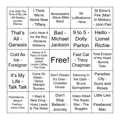 Radical Tunes Bingo - The 80's Bingo Card