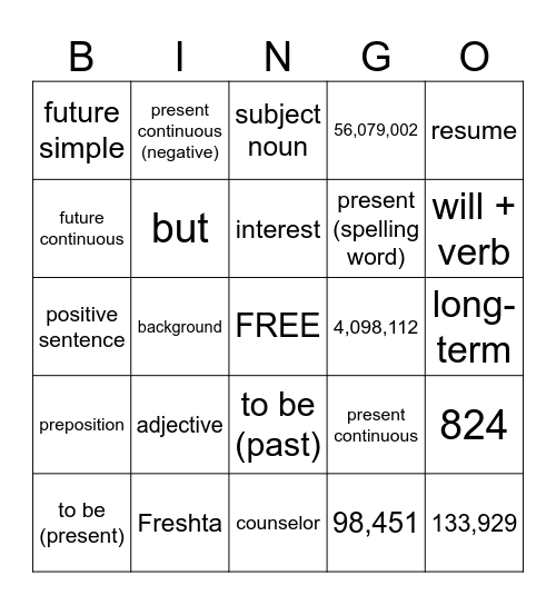 Grammar / Spelling Words / Numbers Bingo Card