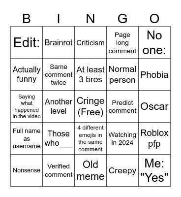 yt shorts comments Bingo Card