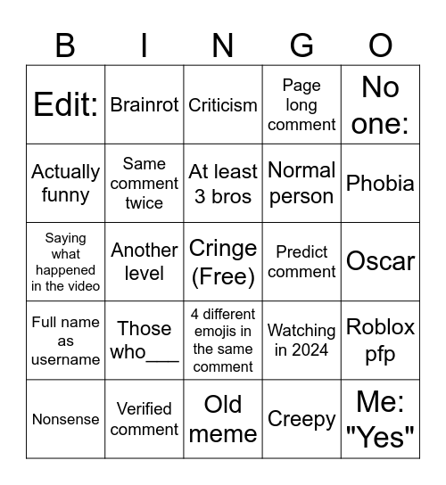 yt shorts comments Bingo Card