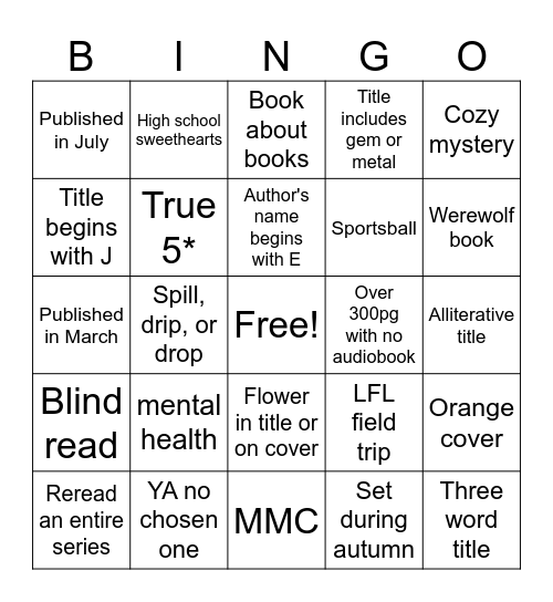 Book bingo just for me to make a social post real quick Bingo Card