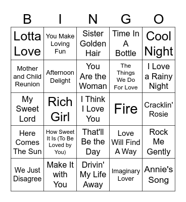 70's Easy Listening Bingo Card