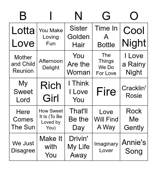70's Easy Listening Bingo Card