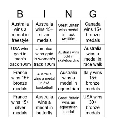 Kolbe Olympics Bingo 2024 Bingo Card