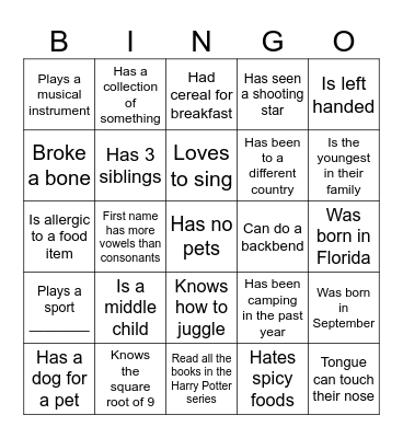 Get to Know You Bingo Card