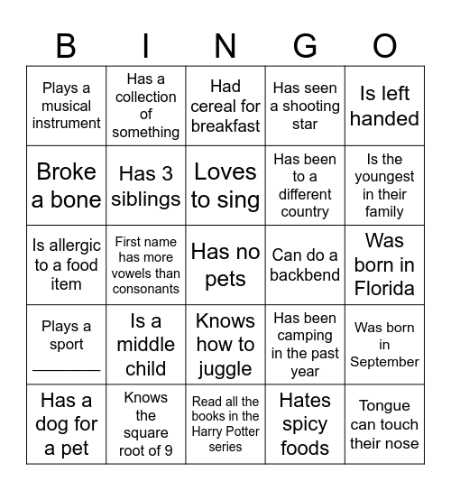 Get to Know You Bingo Card