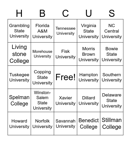 HBCU Bingo Card