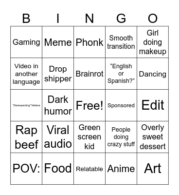 YouTube Shorts Bingo Card